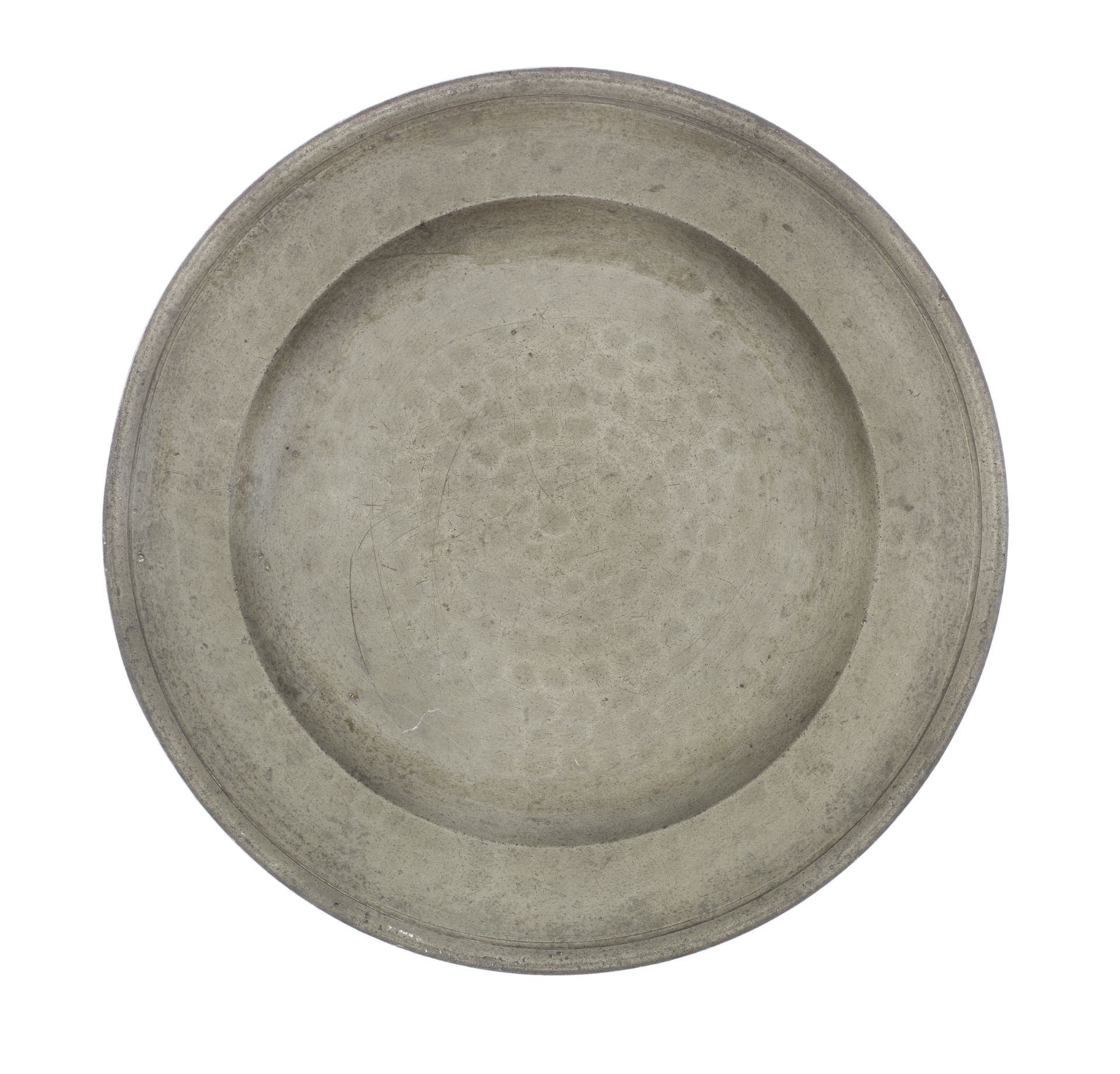 A George II pewter single reeded plate, circa 1735