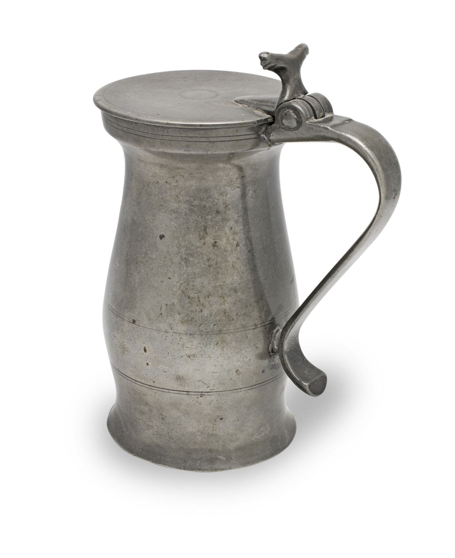 A George III pewter OEWS quart bud baluster measure, Wigan, circa 1780