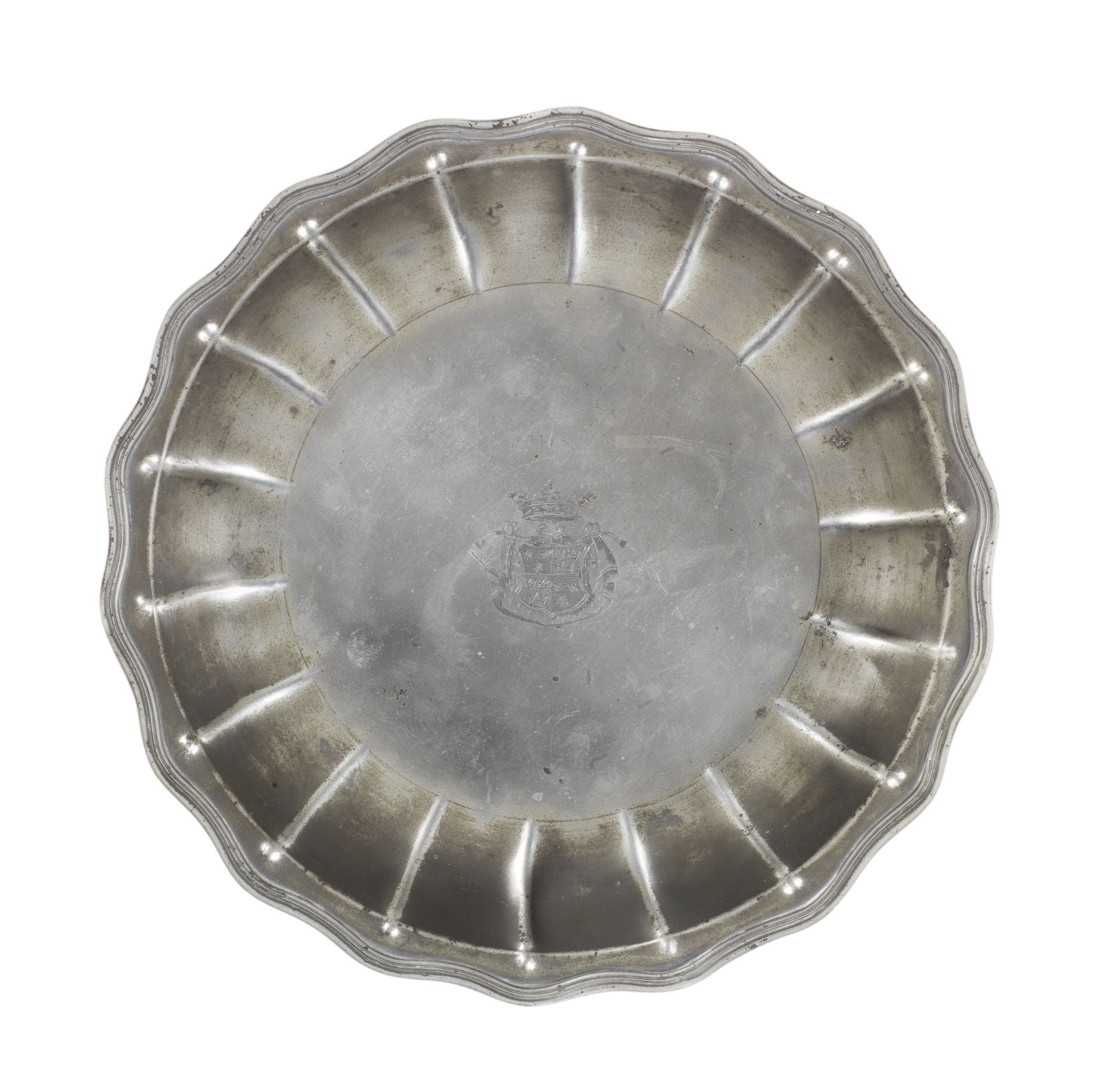 Of Jacobite interest: A rare, fine and large George II pewter strawberry dish, circa 1740-47