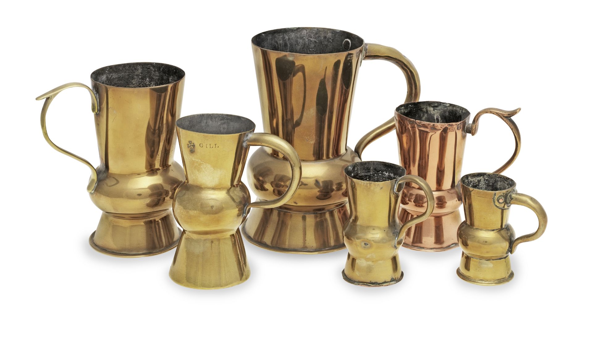 Five brass and one copper 19th century thistle-shaped measures, two marked for Glasgow (6)