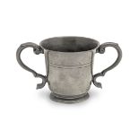 A George II pewter OEWS half-pint twin-handled cup, Wigan, circa 1750