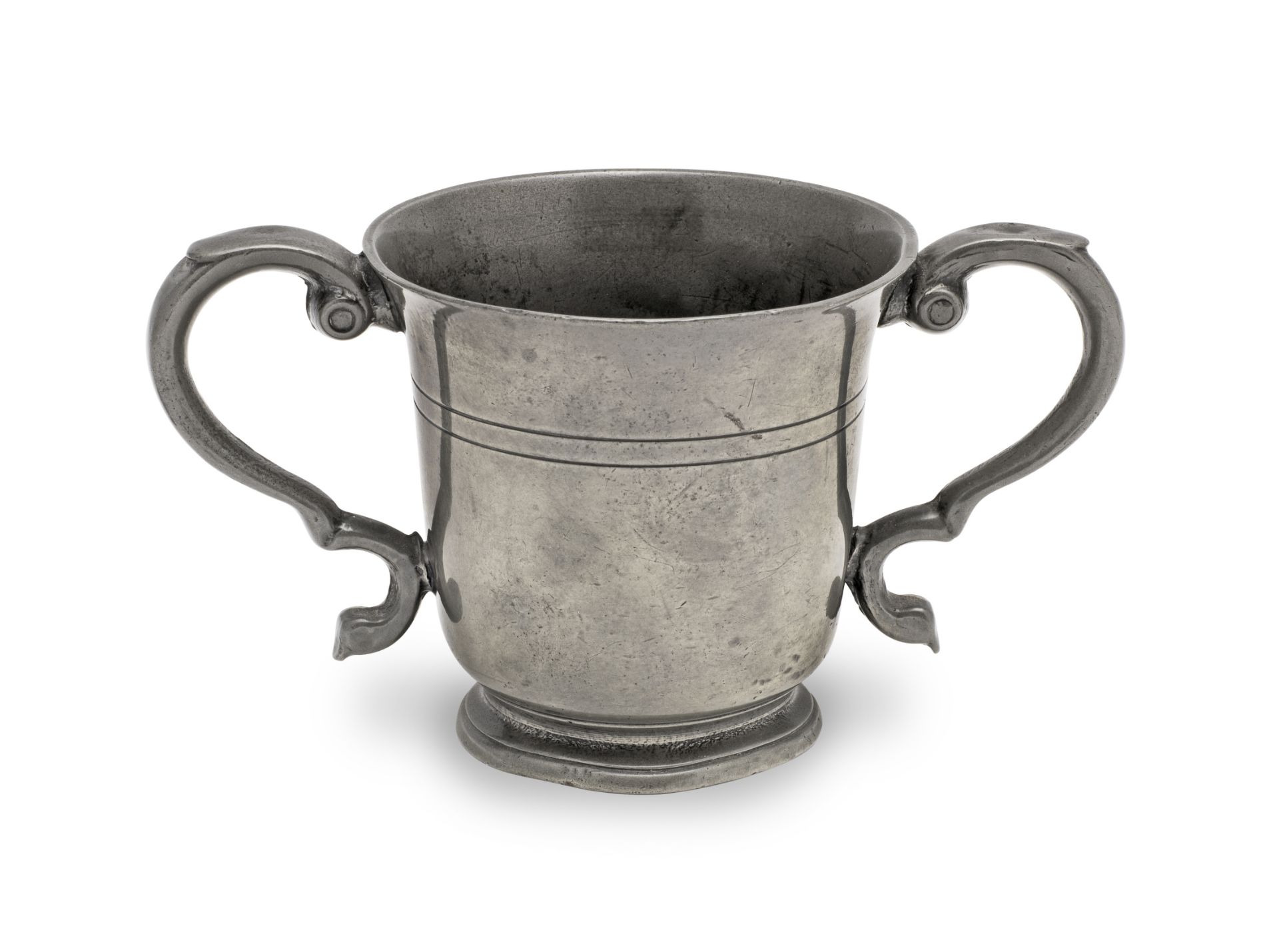 A George II pewter OEWS half-pint twin-handled cup, Wigan, circa 1750