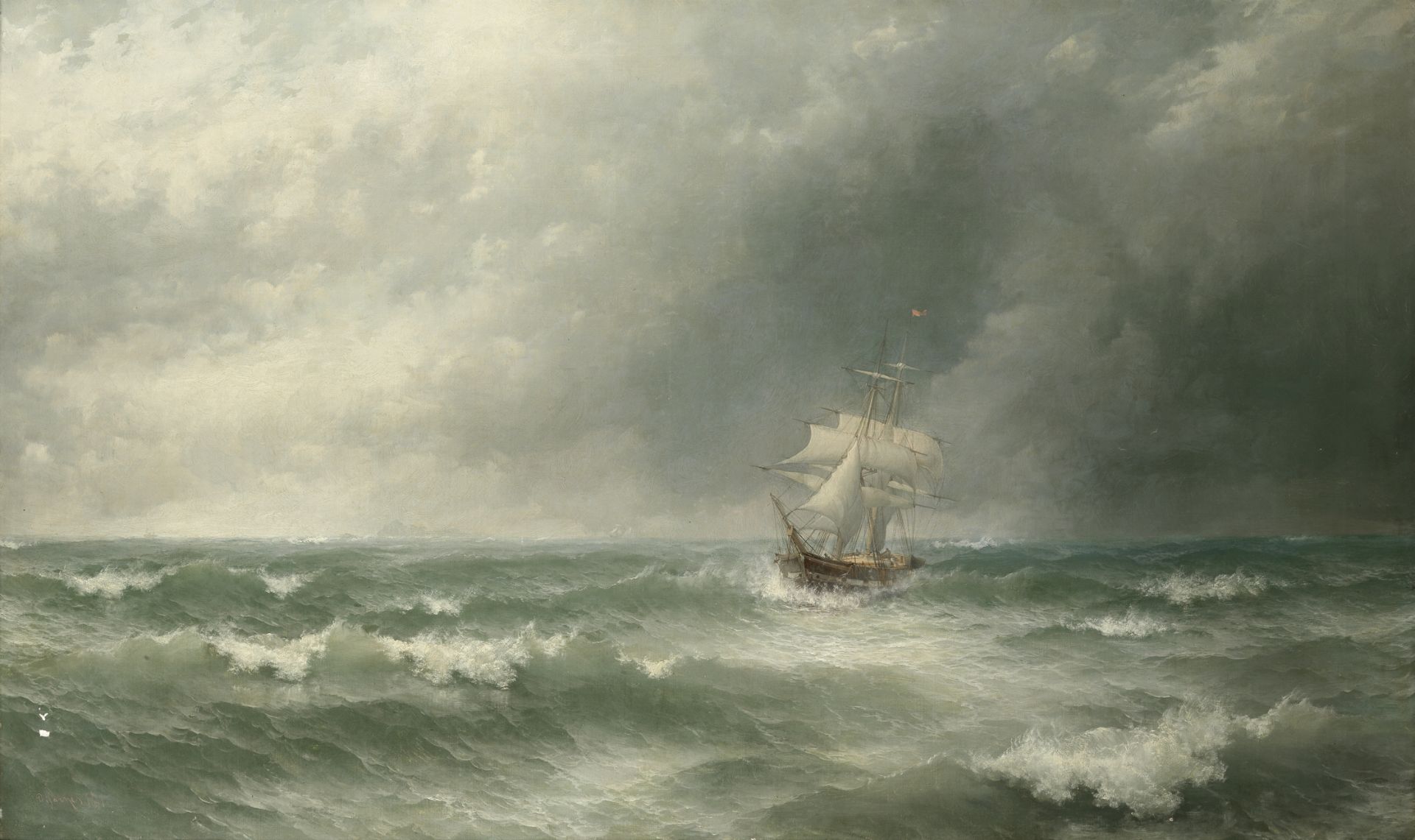 David James (British, 1853-1904) Sailing in stormy seas