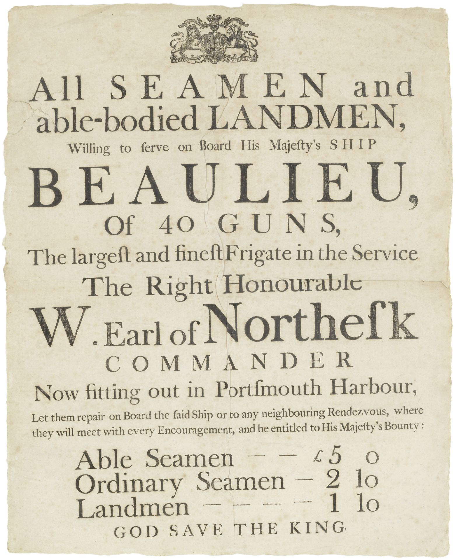 A recruiting broadsheet for the 40 gun frigate HMS Beaulieu, English, late 18th century,