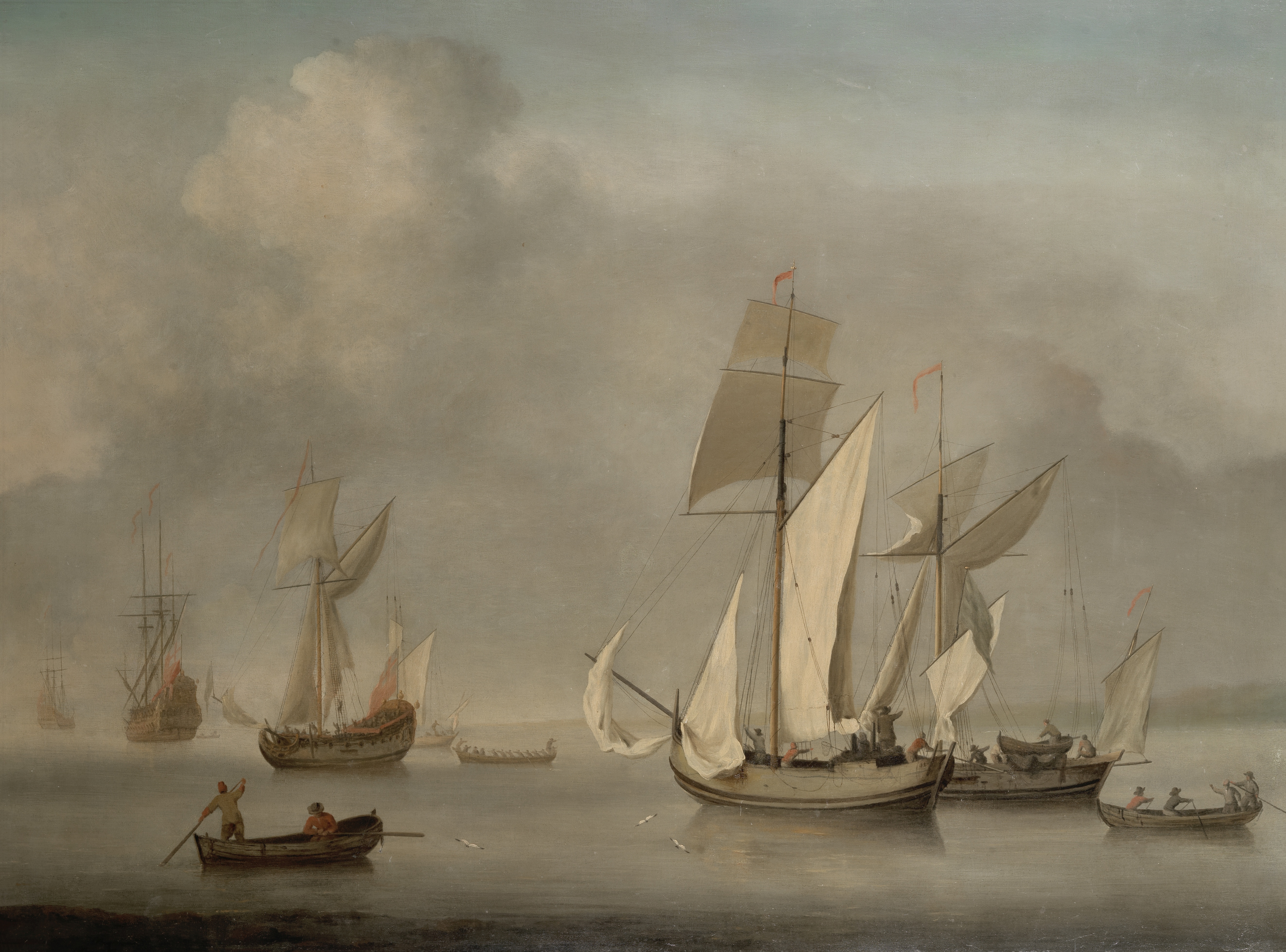 Charles Brooking (British, 1723-1759) A royal yacht, men o'war, and two galliots becalmed off a c...