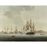 Follower of Dominic Serres (Auch 1722-1793 London) British naval warships lying in coastal waters...