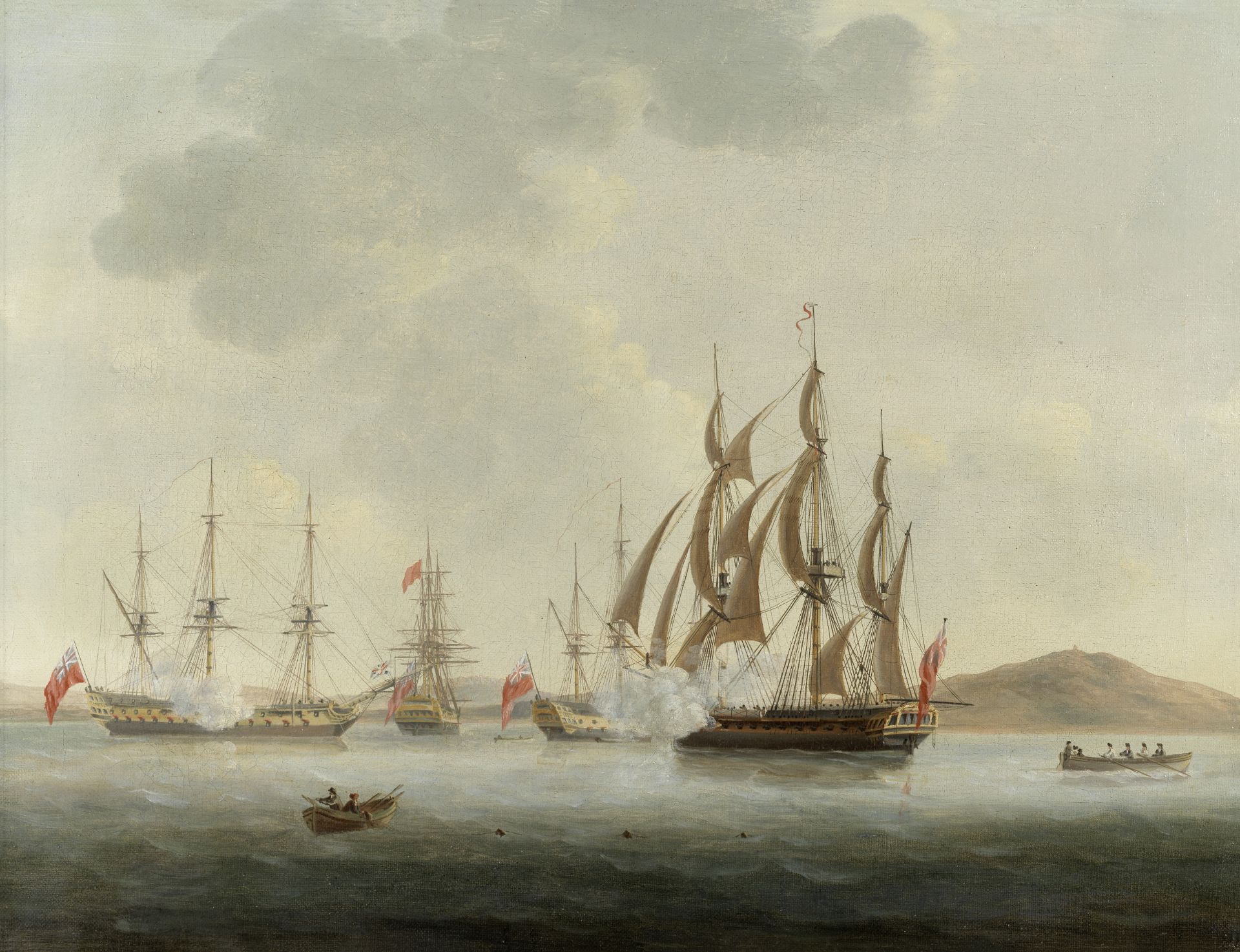 Follower of Dominic Serres (Auch 1722-1793 London) British naval warships lying in coastal waters...