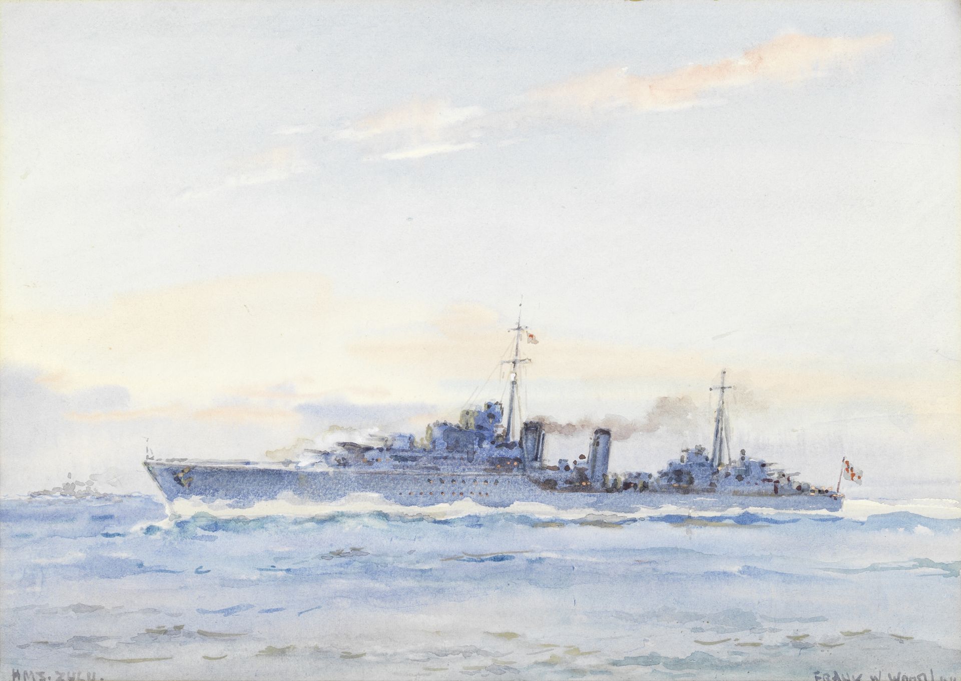 Frank Watson Wood (British, 1862-1953) 'H.M.S. Frobisher'; and 'H.M.S. Zulu' 24 x 35cm (9 1/2 x 1...