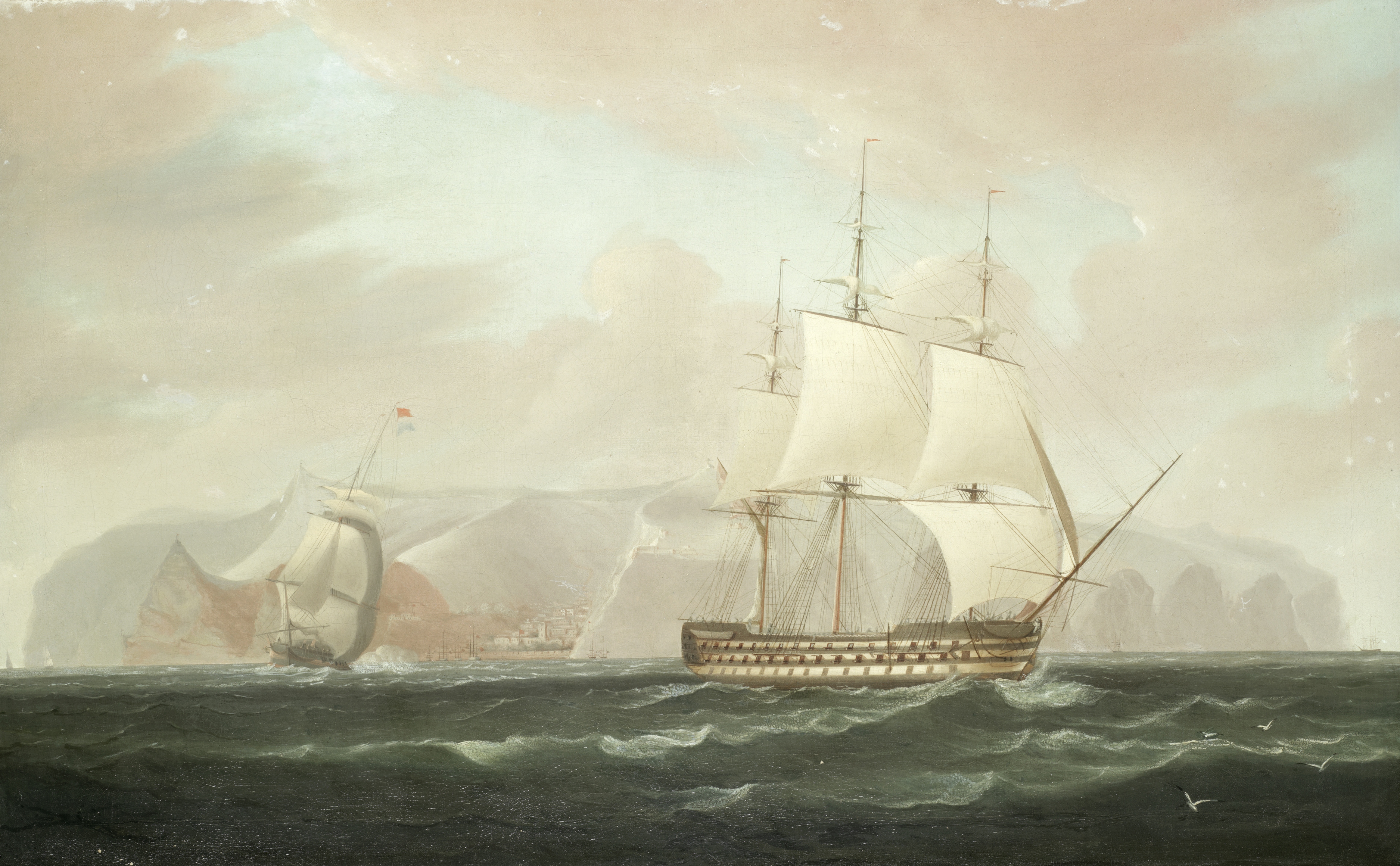 William John Huggins (British, 1781-1845) A three-decked ship-of-the-line bearing away from James...