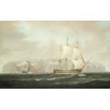 William John Huggins (British, 1781-1845) A three-decked ship-of-the-line bearing away from James...