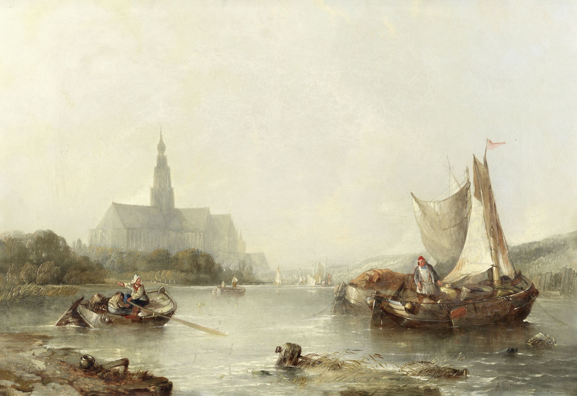 Alfred Montague (British, 1832-1883) Shipping and small sailing vessels on a Dutch river