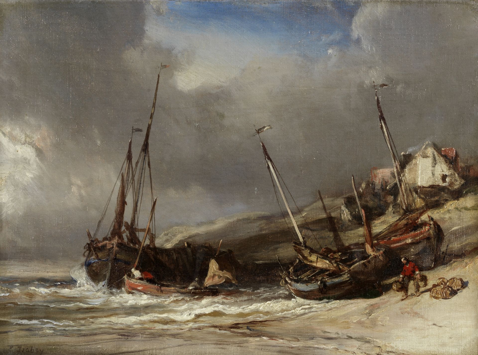Louis Gabriel Eug&#232;ne Isabey (French, 1803-1886) Boats on a beach