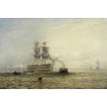 Adolphus Knell (British, active 1860-1890) A masted ship with furled sales, a tug and other shipp...