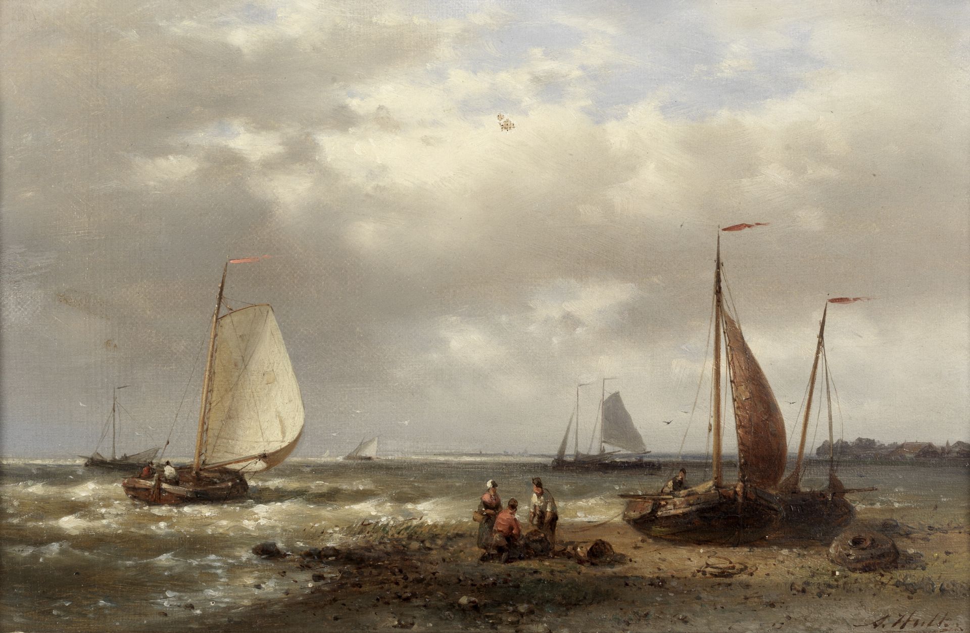Abraham Hulk (Dutch, 1813-1897) Sorting the catch; Boats in an estuary, a pair each 20.3 x 30.5cm...