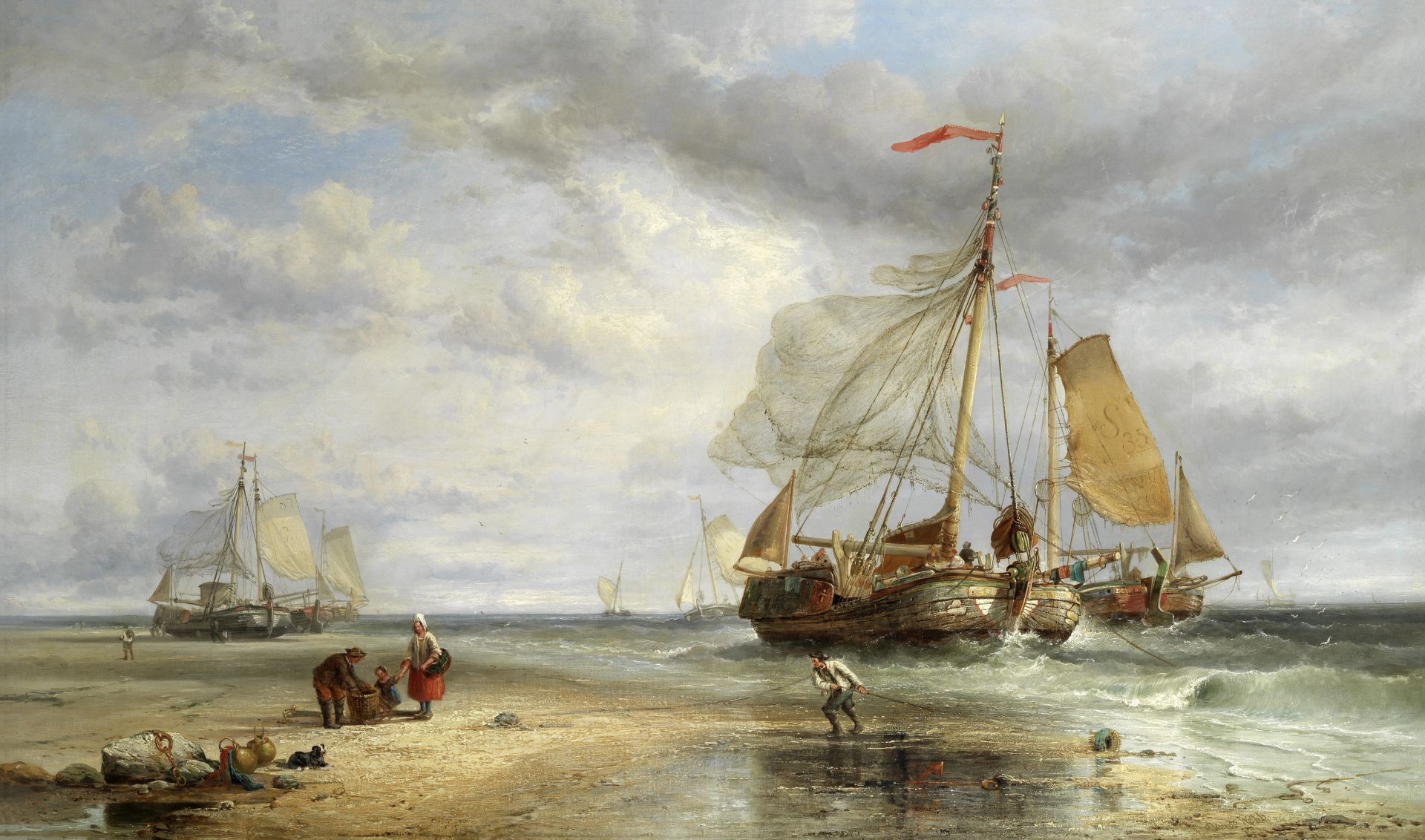 James Webb (British, 1825-1895) A beach scene with fisherfolk and fishing boats with their nets b...