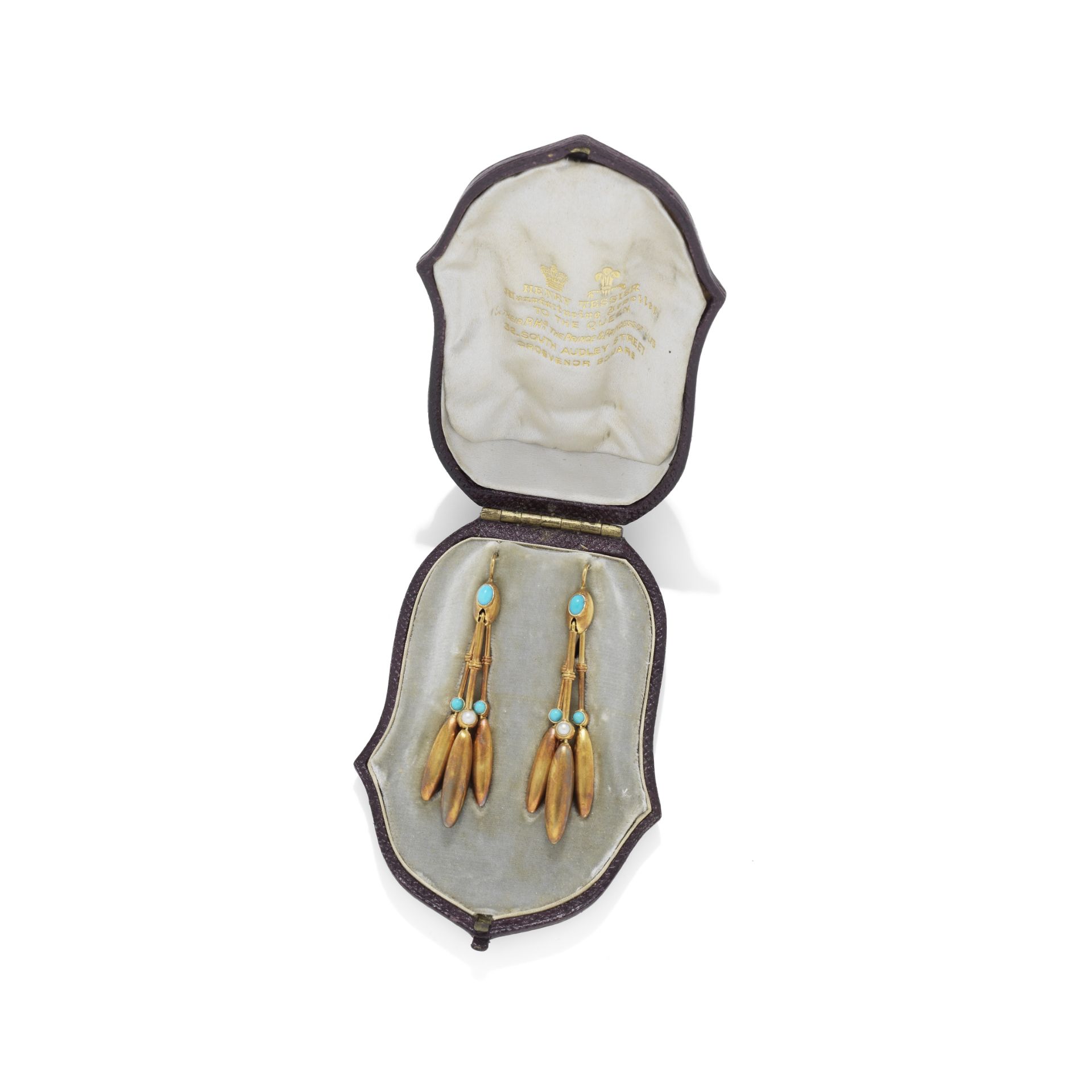 A PAIR OF ARCHEAOLOGICAL REVIVAL GOLD, TURQUOISE AND SEED PEARL TASSEL EARRINGS, CIRCA 1865