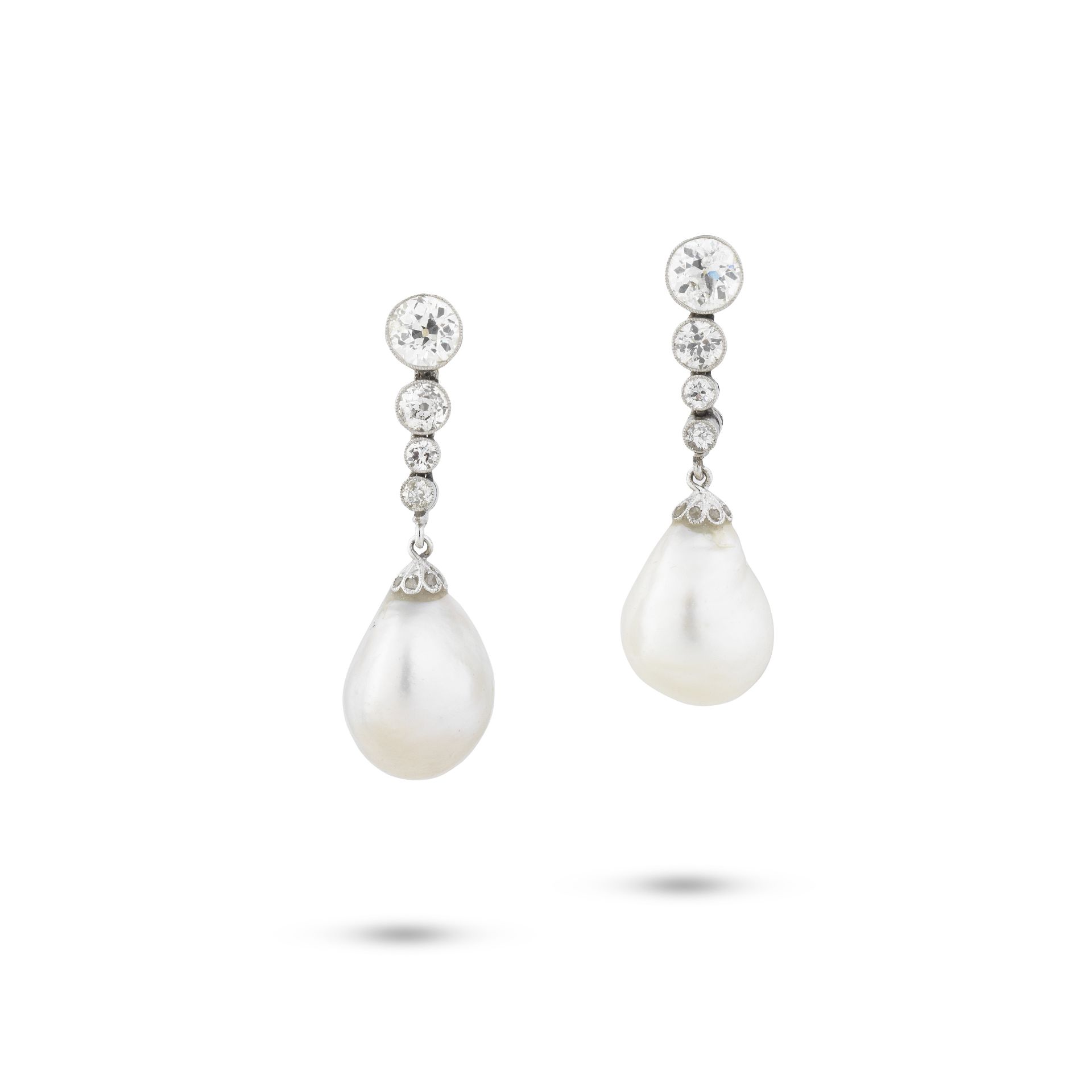 A PAIR OF NATURAL PEARL AND DIAMOND PENDENT EARRINGS