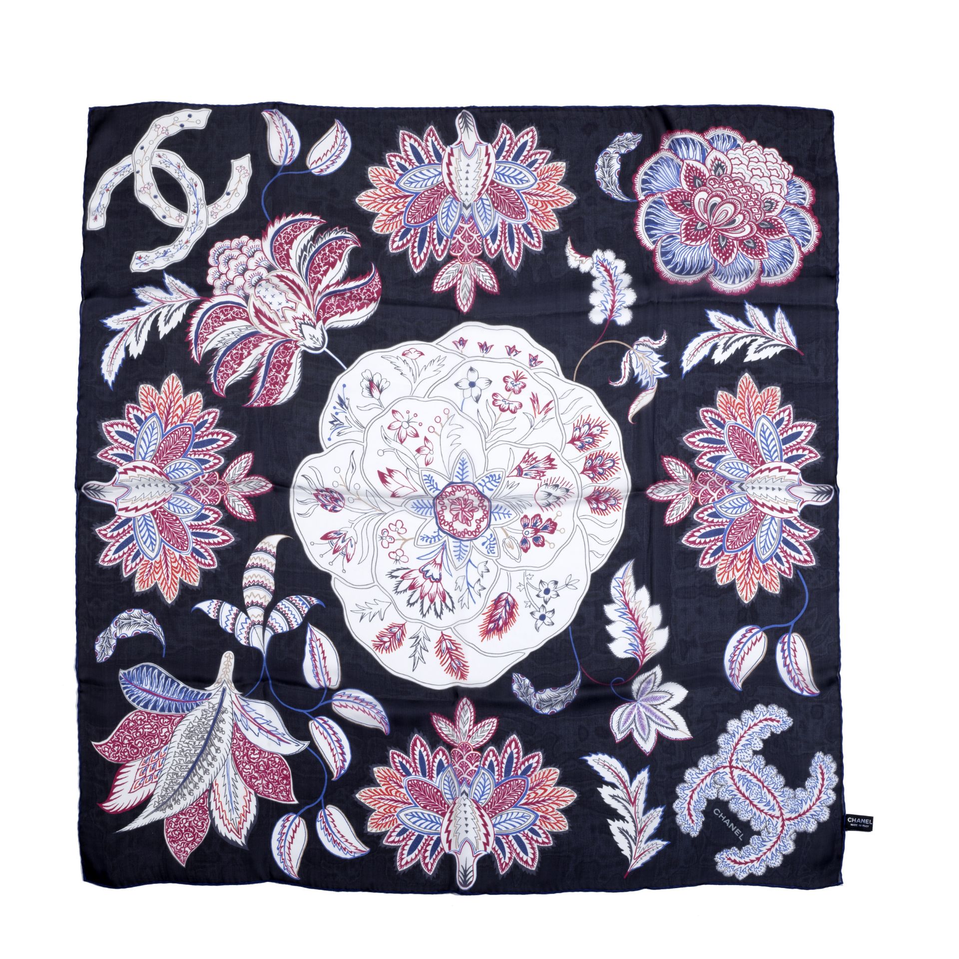 Navy Floral Silk Scarf, Chanel, (Includes box)