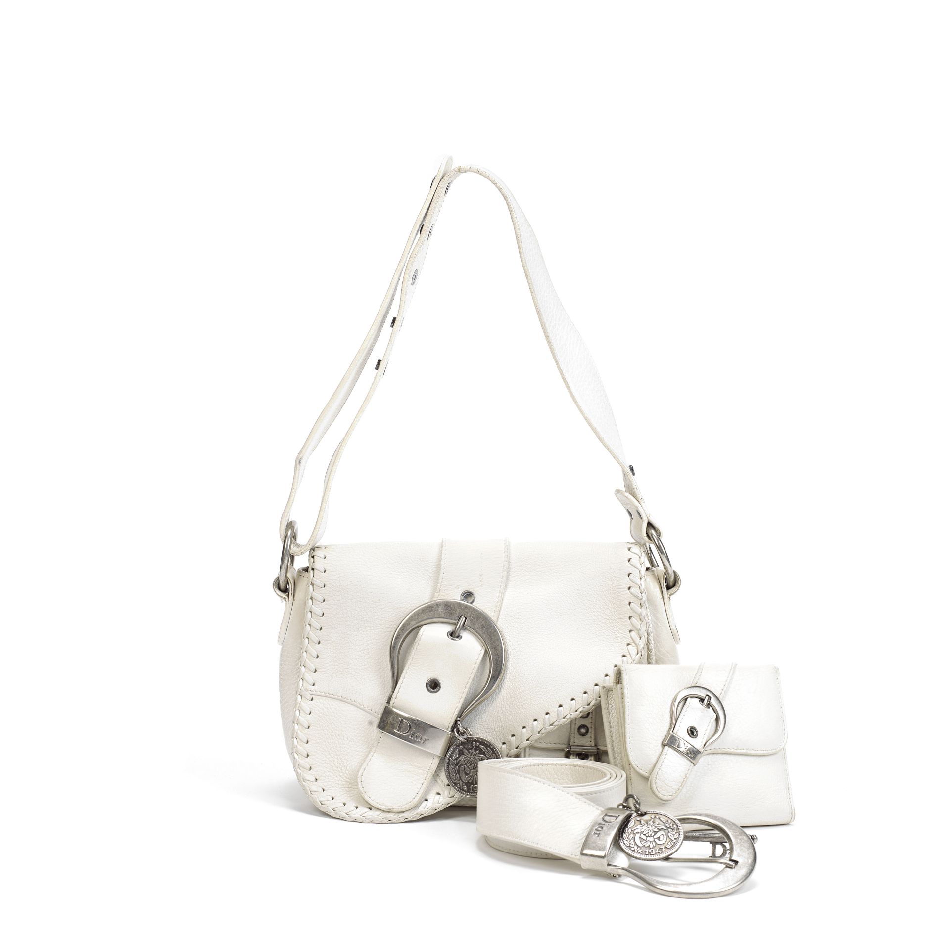 White Gaucho Double Saddle Bag, Wallet and Belt, Christian Dior, c. 2009, (Includes authenticit...