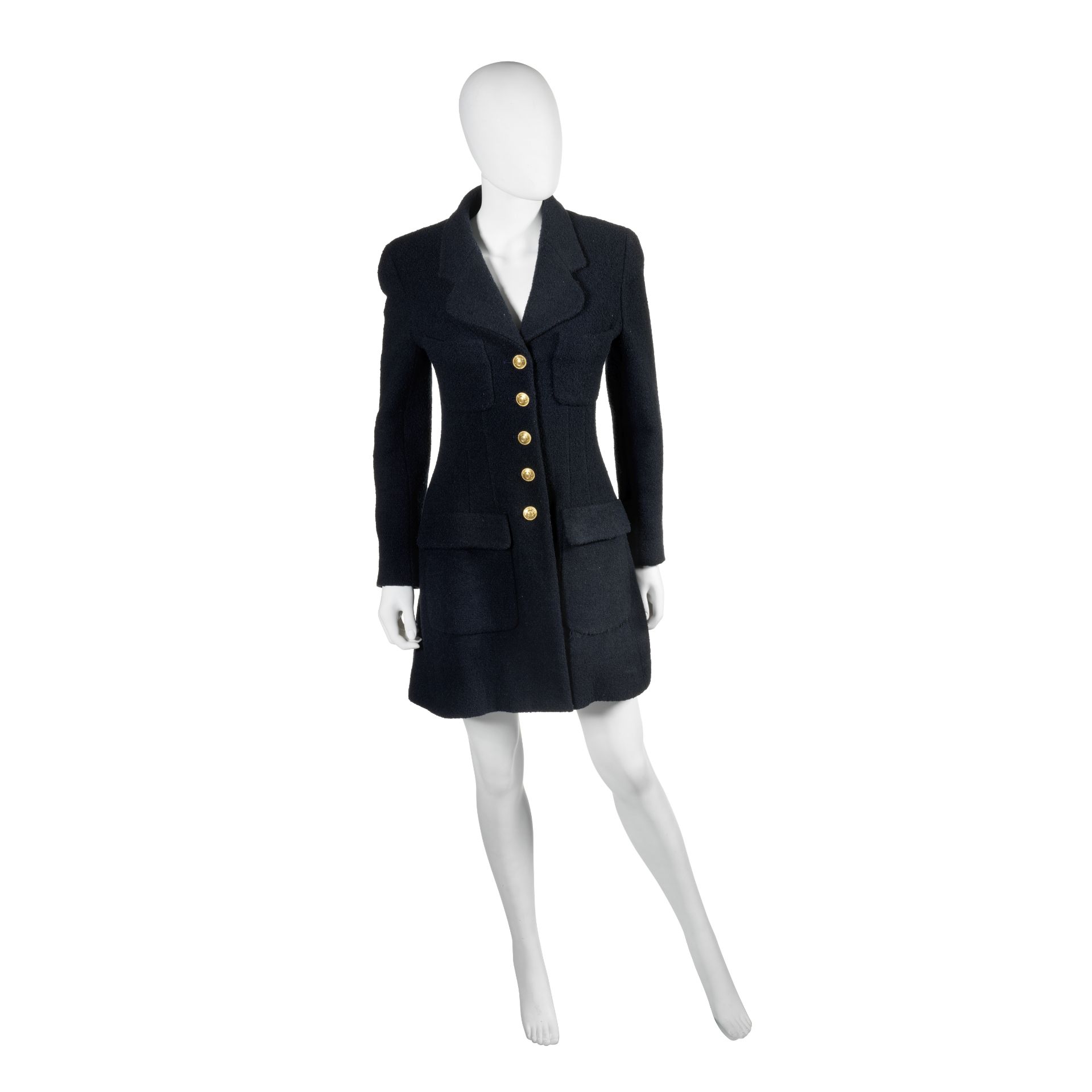 Navy Blue Boucle Long Jacket, Chanel, 1990s,