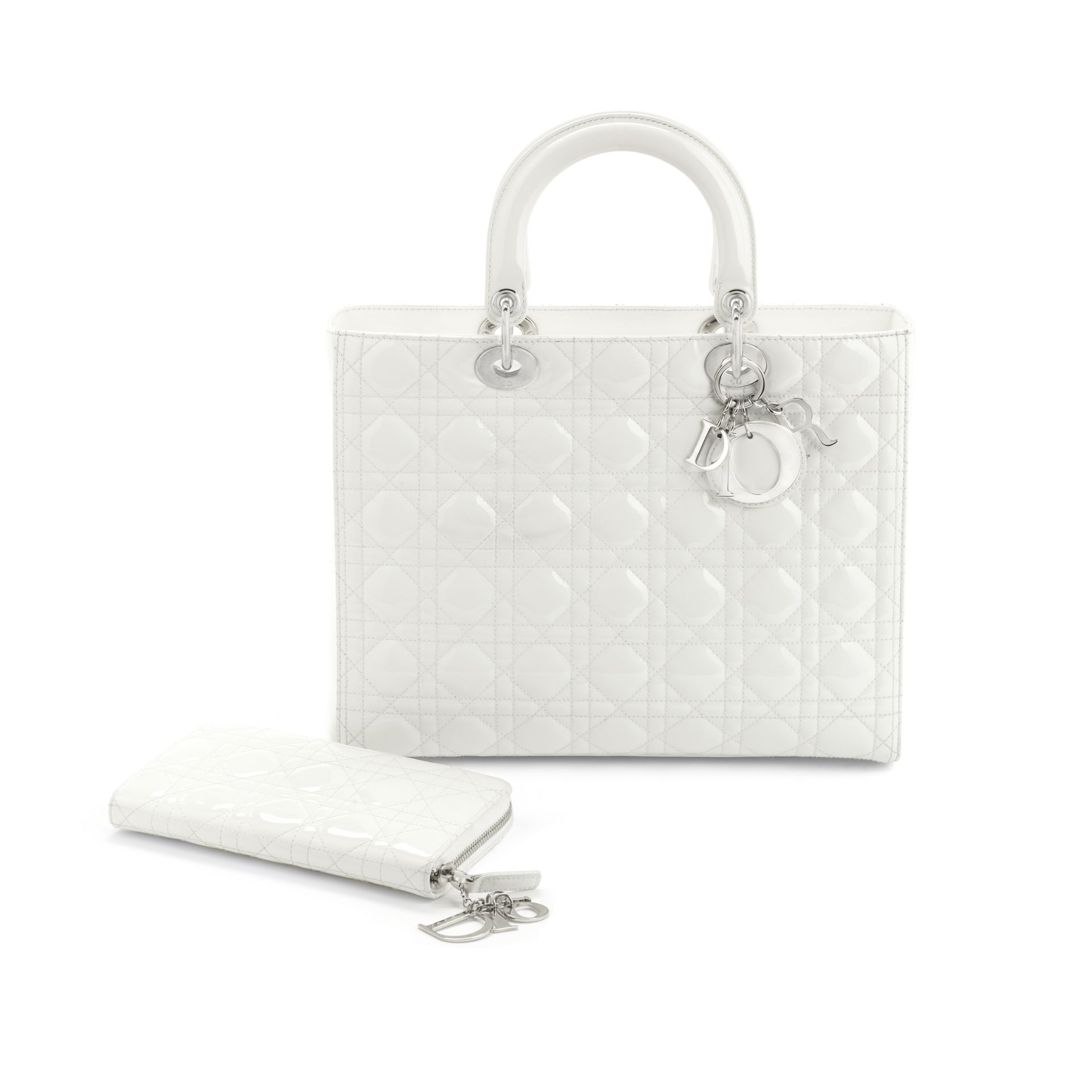 White Patent Leather Large Lady Dior Bag and Wallet, Christian Dior, c. 2010, (Includes shoulder...