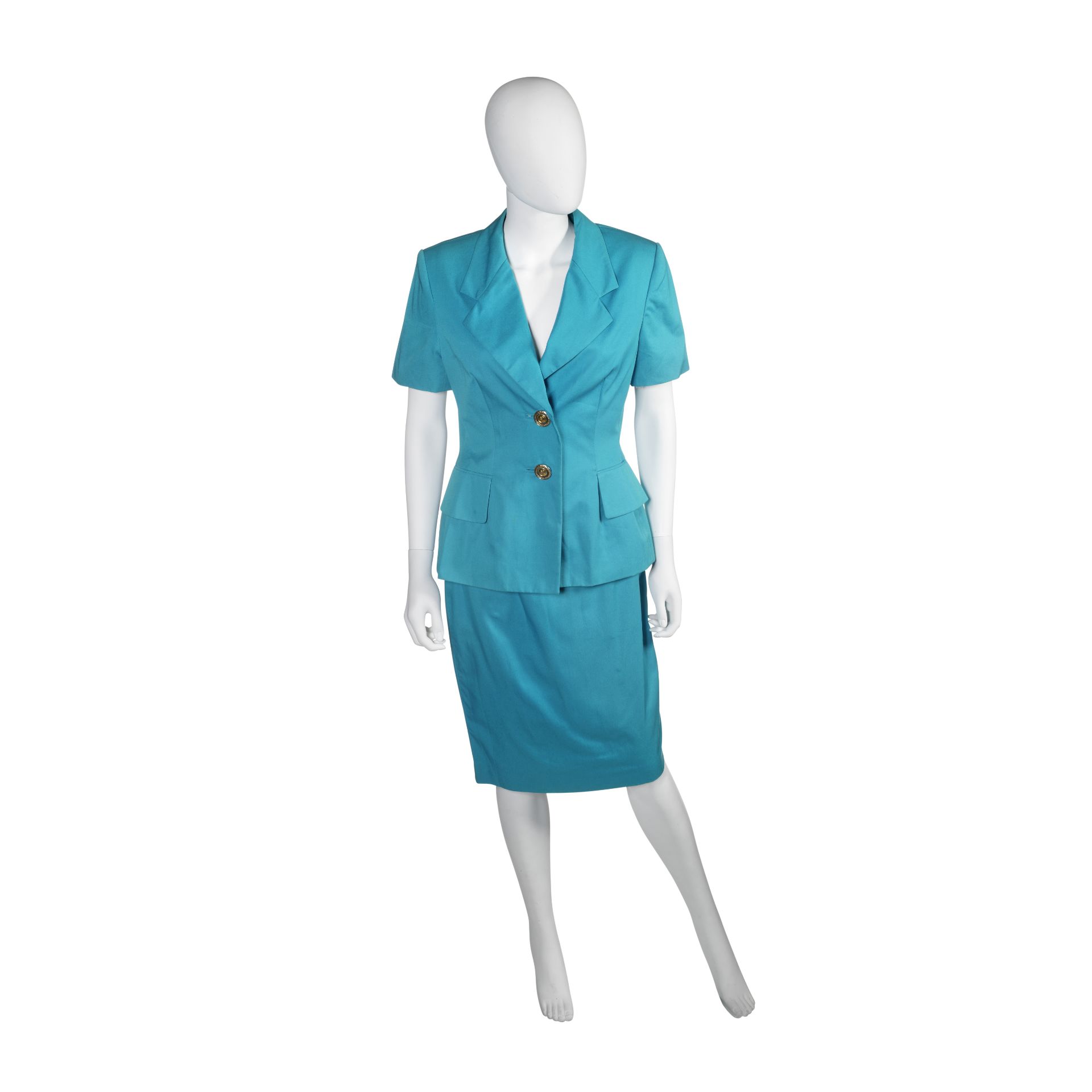 Turquoise Cotton Skirt Suit, Christian Dior, Demi-Couture 1990s, (Includes original tag )