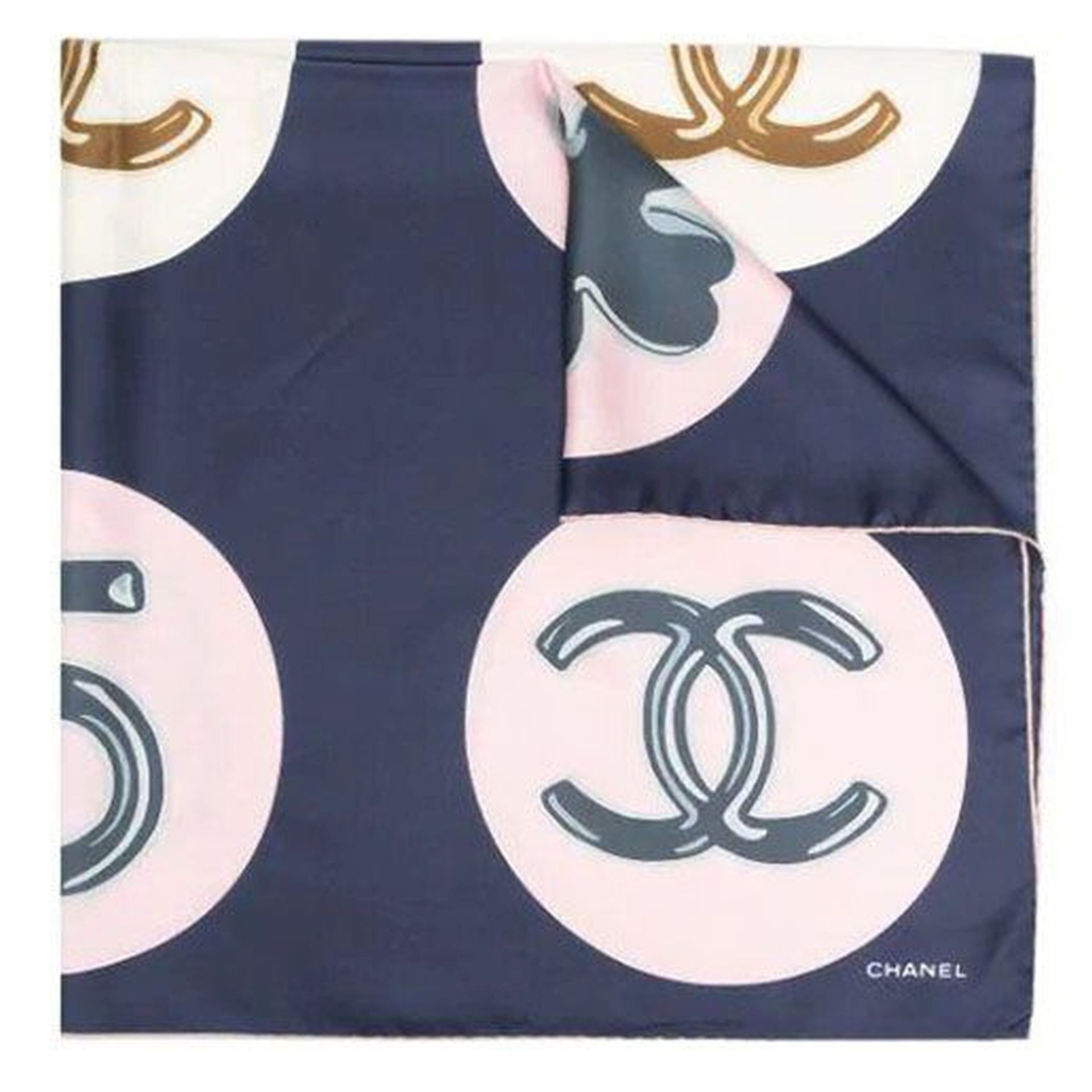 Navy CC Circle Print Silk Scarf, Chanel,