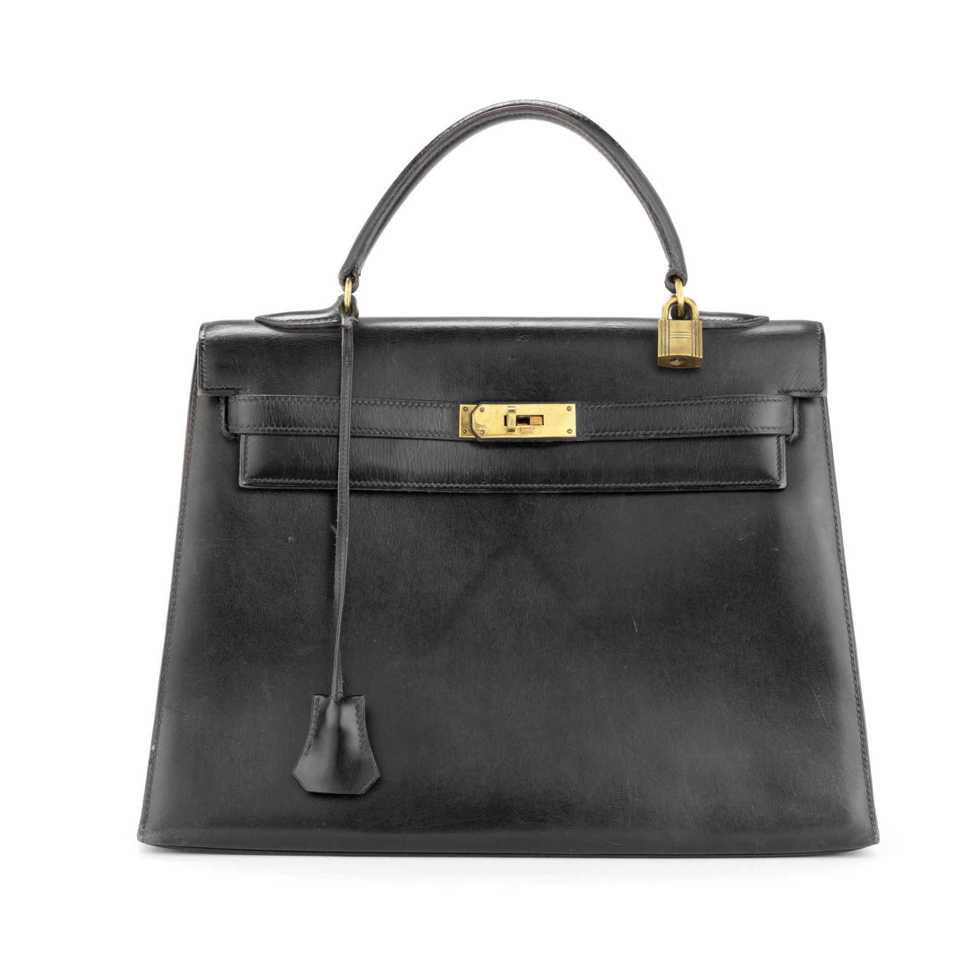 Black Box Leather Kelly 32, Herm&#232;s, c. 1964, (Includes key, padlock and cloche)