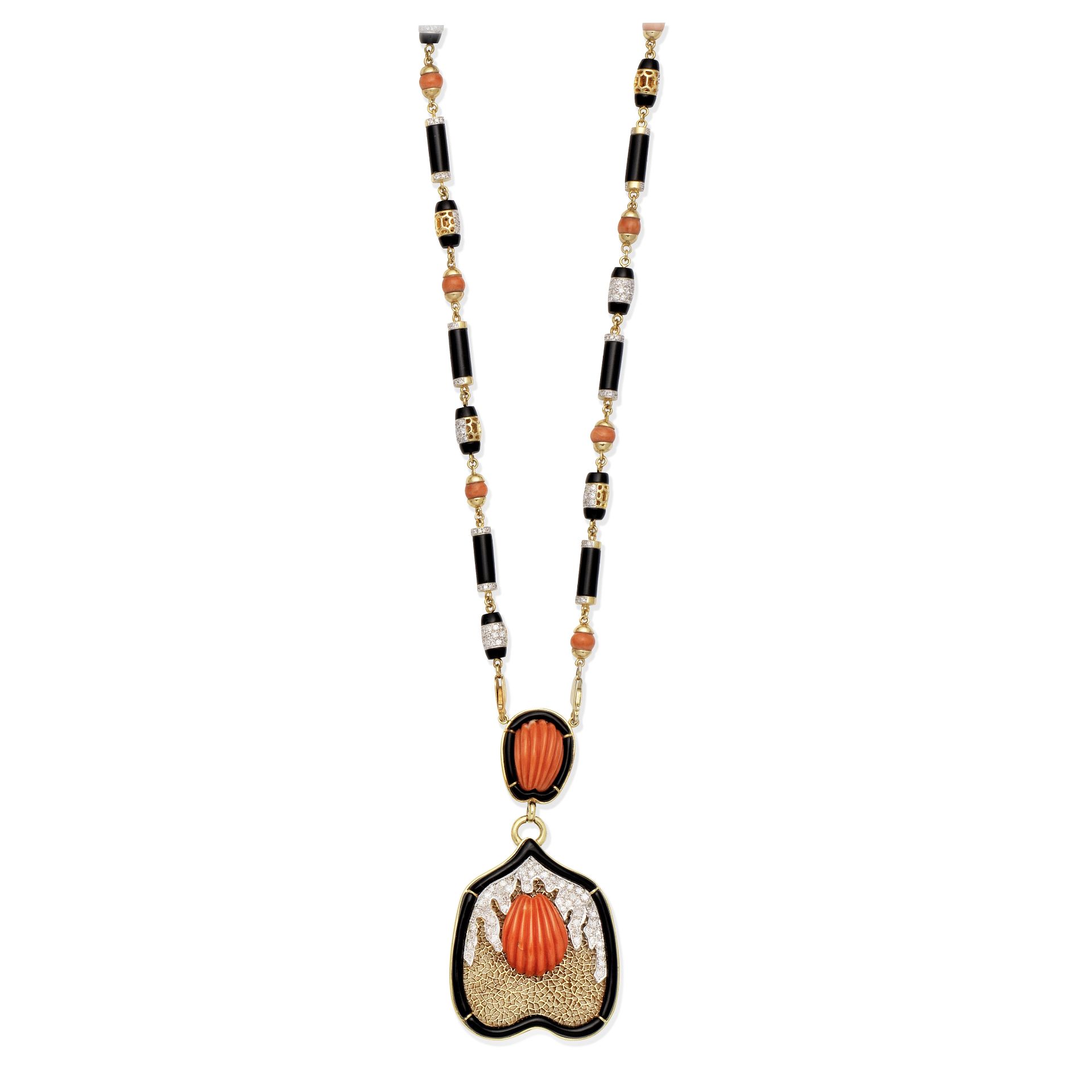 CORAL, ONYX AND DIAMOND NECKLACE, CIRCA 1970