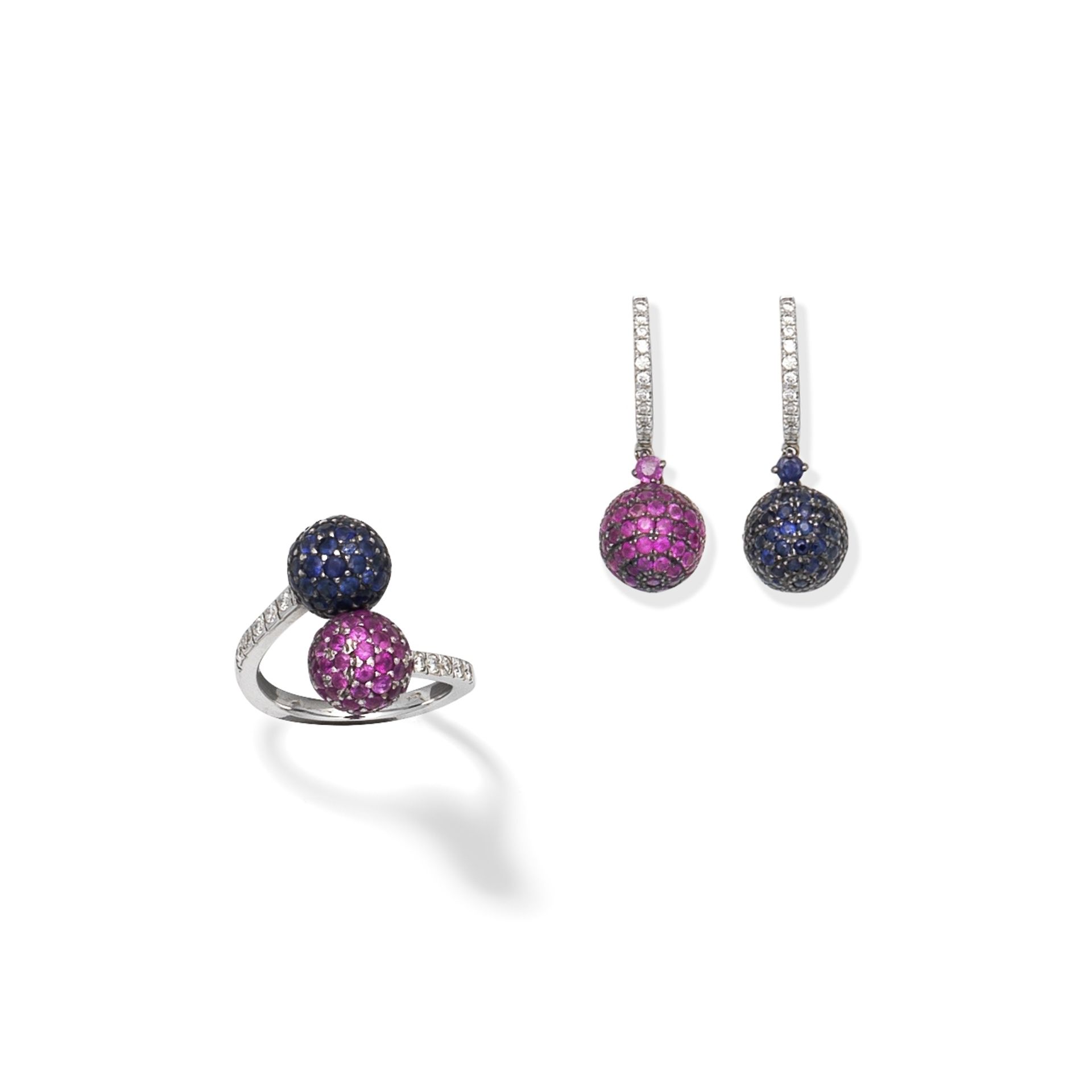 SAPPHIRE, RUBY AND DIAMOND RING AND EARRING SUITE (2)