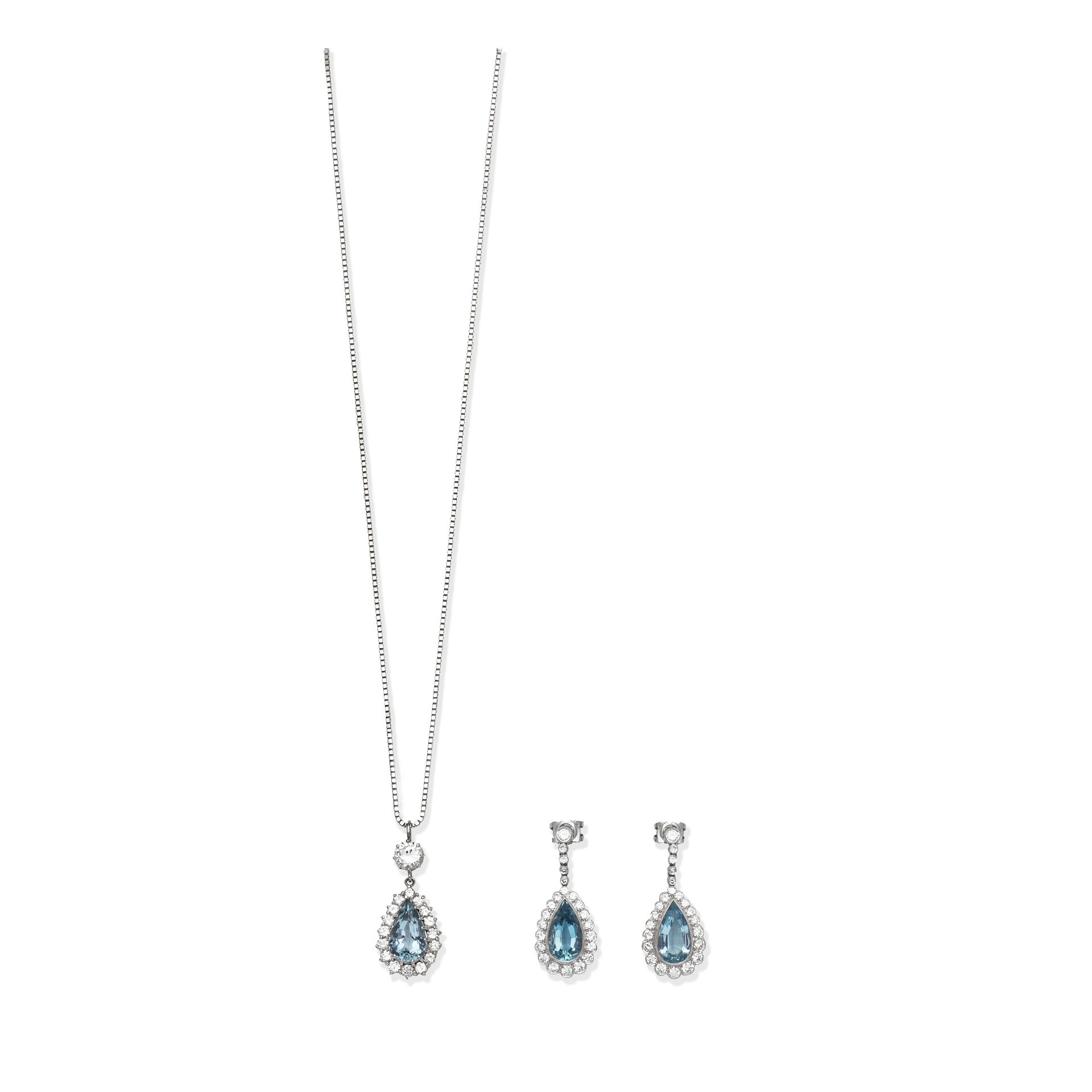 AQUAMARINE AND DIAMOND PENDANT/NECKLACE, 1976 AND PENDENT EARRINGS, 1987 (2)