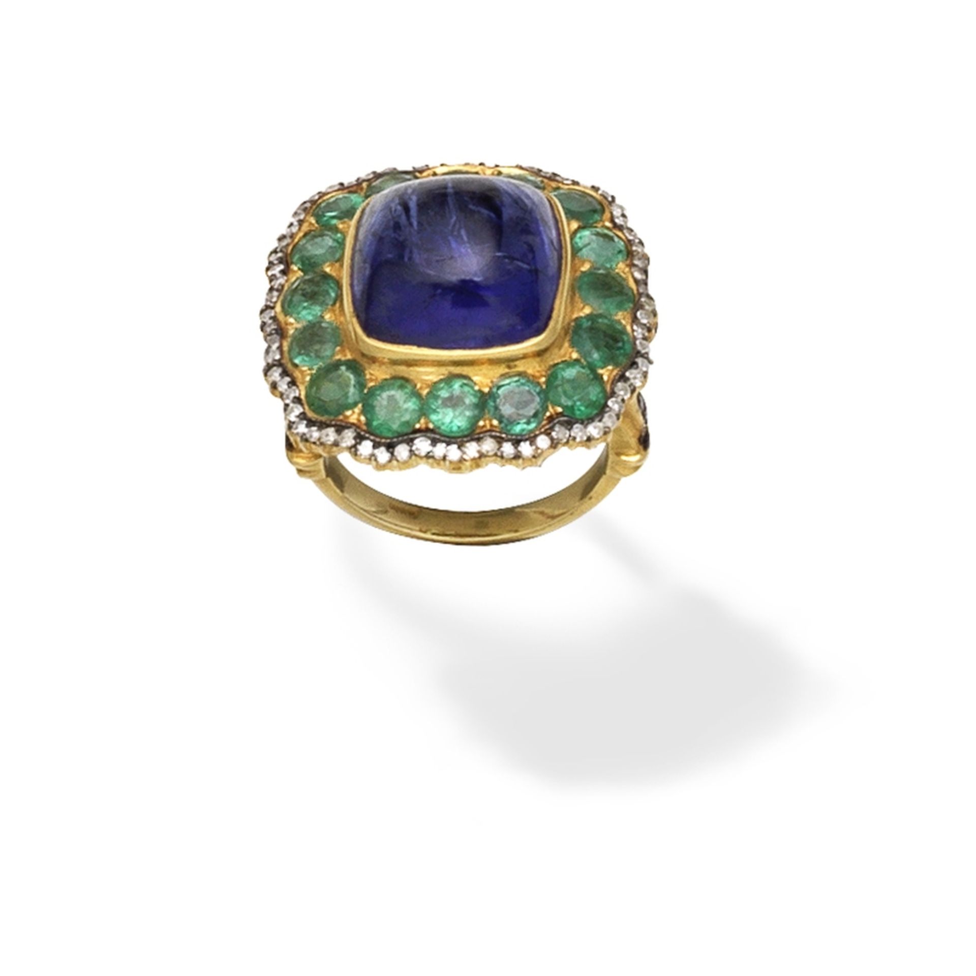 TANZANITE, EMERALD AND DIAMOND-SET DRESS RING