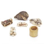 FIVE IVORY NETSUKE AND A CHINESE IVORY THUMB RING 19th century (6)