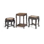 A BONE AND BOXWOOD-INLAID ROSEWOOD STAND AND TWO MARBLE-INSET HONGMU STANDS Late Qing Dynasty (3)