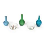 A FAMILLE VERTE BOWL, A FAMILLE ROSE BOWL AND THREE MONOCHROME BOTTLE VASES 18th to early 20th c...