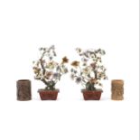 A PAIR OF HARDSTONE TREES IN LACQUER JARDINIERES AND TWO BAMBOO BRUSHPOTS 19th/20th century (4)