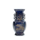 A LARGE HEXAGONAL GILT-DECORATED BLUE GLAZED VASE 19th century