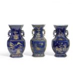 THREE GILT-DECORATED BLUE GLAZED HEXAGONAL VASES 18th/19th century (3)