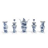 A SMALL BLUE AND WHITE FIVE-PIECE ALTAR SET Kangxi six-character marks, Late Qing Dynasty/Republi...
