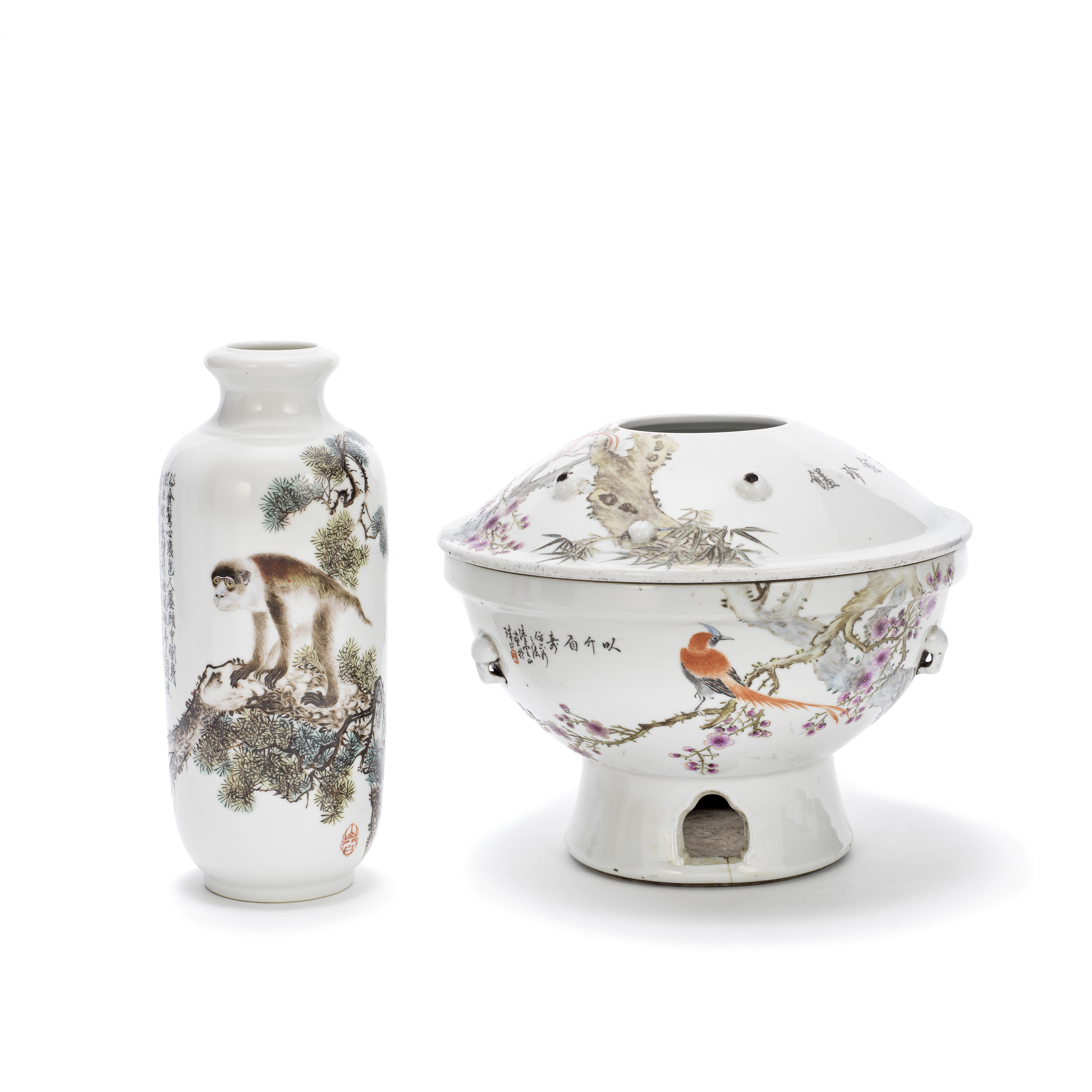 AN ENAMELLED FAMILLE ROSE 'MONKEY' VASE, AND A FAMILLE ROSE HOTPOT AND COVER The vase bearing sig...