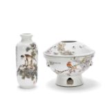 AN ENAMELLED FAMILLE ROSE 'MONKEY' VASE, AND A FAMILLE ROSE HOTPOT AND COVER The vase bearing sig...