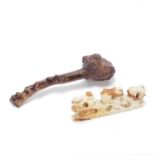 A ROOTWOOD BRUSH REST, PROBABLY HUANGHUALI, AND A MOTTLED WHITE AND RUSSET JADE BRUSH REST The ro...