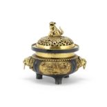 A BRONZE AND PARCEL GILT TRIPOD INCENSE BURNER AND COVER 18th century (2)