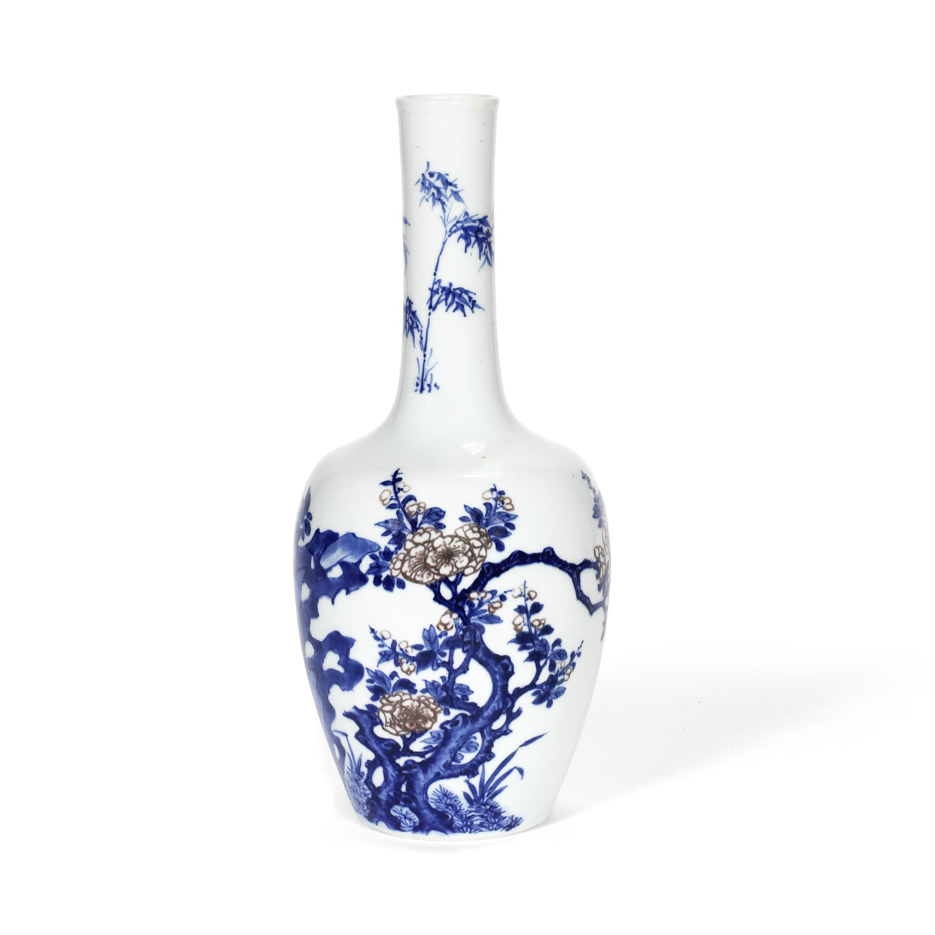 A BLUE AND WHITE AND COPPER-RED DECORATED BOTTLE VASE Chenghua six-character mark, Kangxi