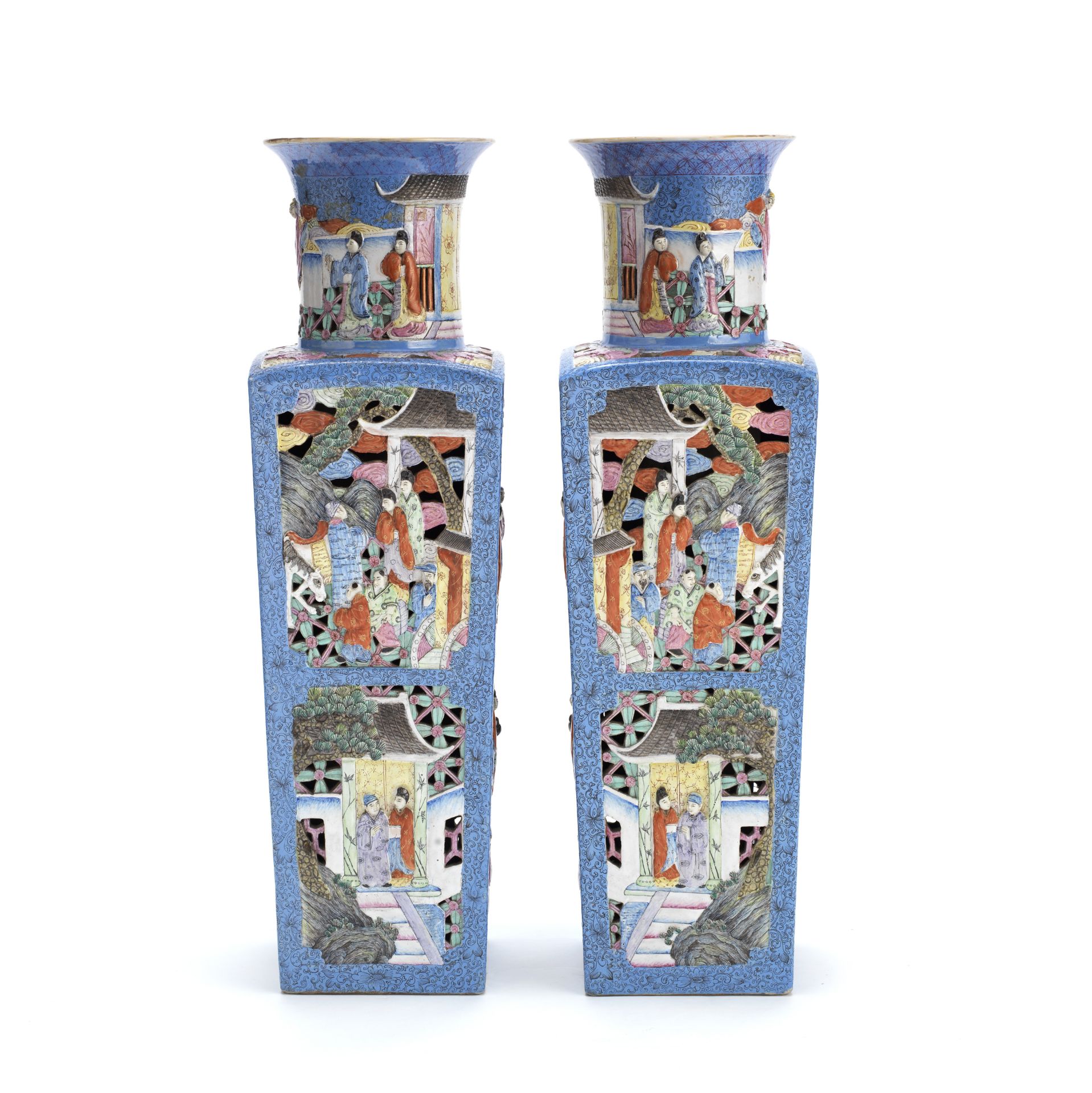 A LARGE MIRROR IMAGE PAIR OF FAMILLE ROSE RETICULATED SQUARE BALUSTER VASES Kangxi seal marks, 19...