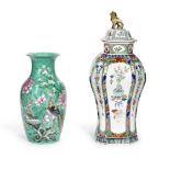 A FAMILLE ROSE OCTAGONAL VASE AND COVER AND A FAMILLE ROSE TURQUOISE GROUND VASE 18th and 19th ce...