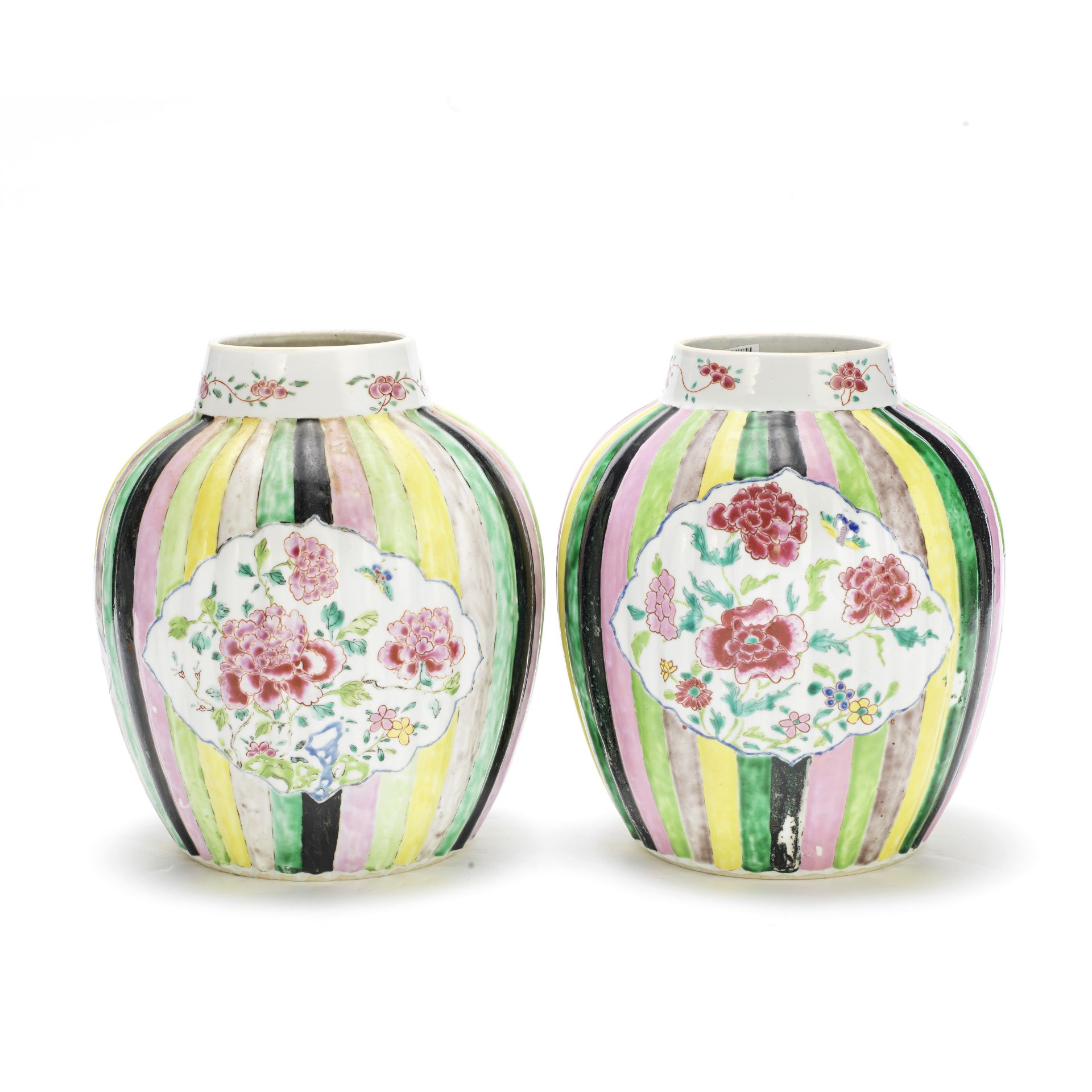 A PAIR OF LOBED FAMILLE ROSE STRIPED JARS Yongzheng (2)