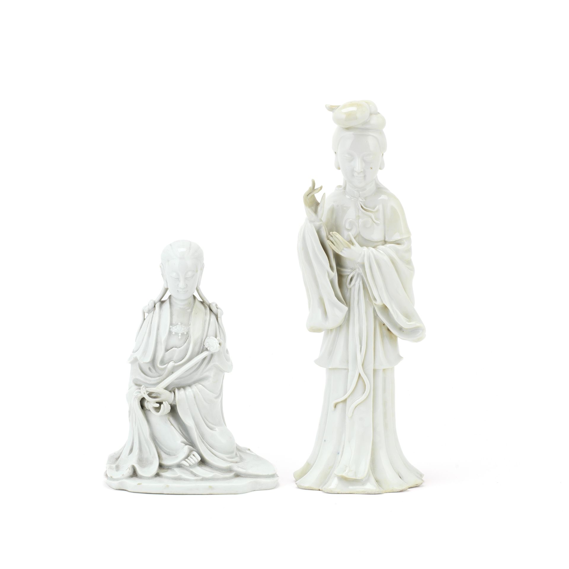 TWO BLANC-DE-CHINE FIGURES OF GUANYIN 'xu xin de men' shop mark (1750-1800) and 19th century (2)