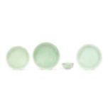 THREE CELADON-GLAZED CHARGERS AND A BOWL 19th century (4)