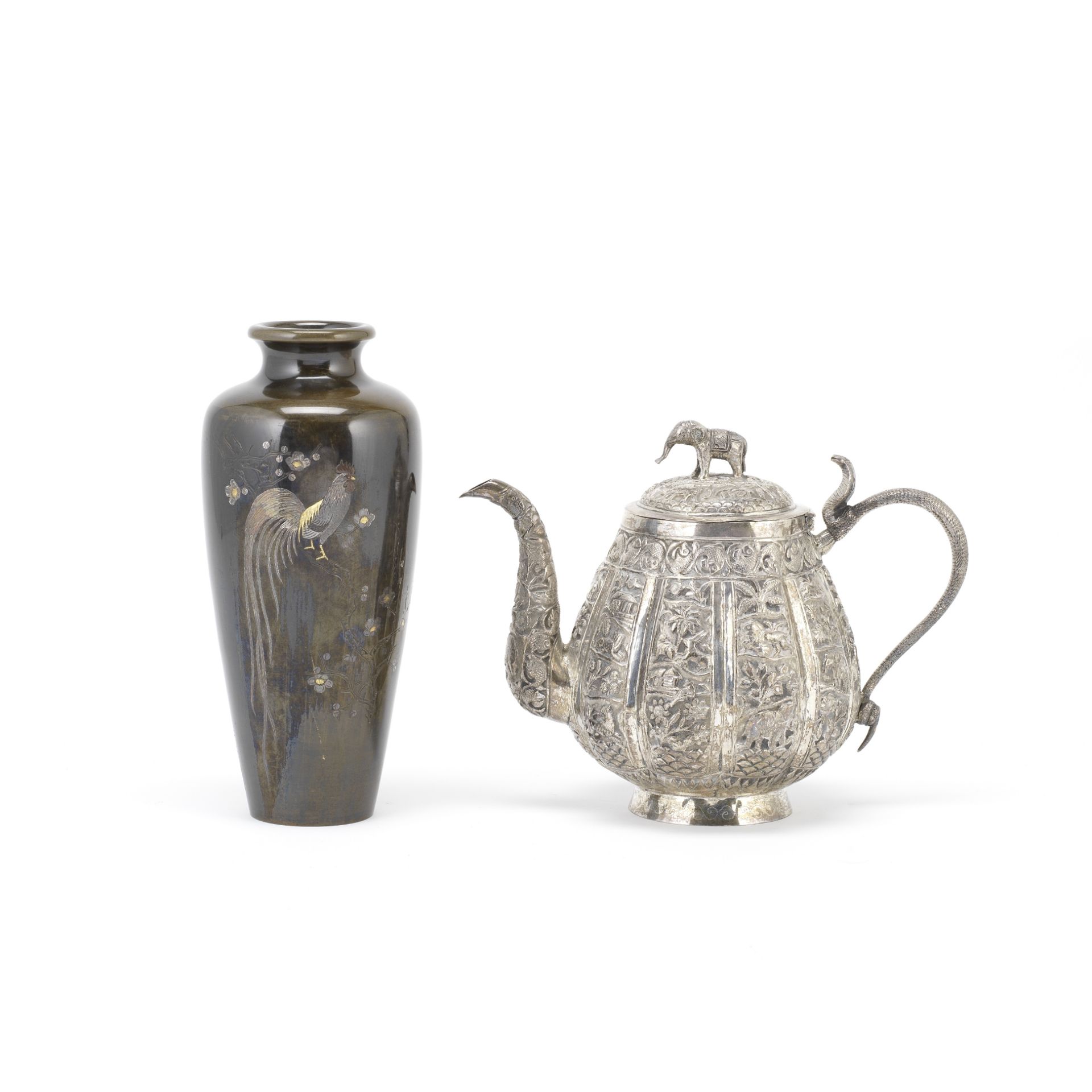 A JAPANESE INLAID METAL VASE AND AN INDIAN SILVER TEAPOT AND COVER 19th century (2)